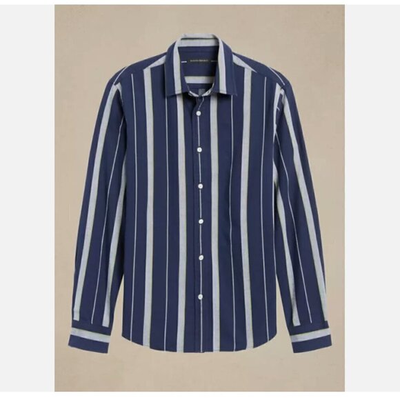 Banana Republic UNTUCKED Slim Fit Navy/Grey Stripe Button-down Cotton Size L $80 - Picture 3 of 4